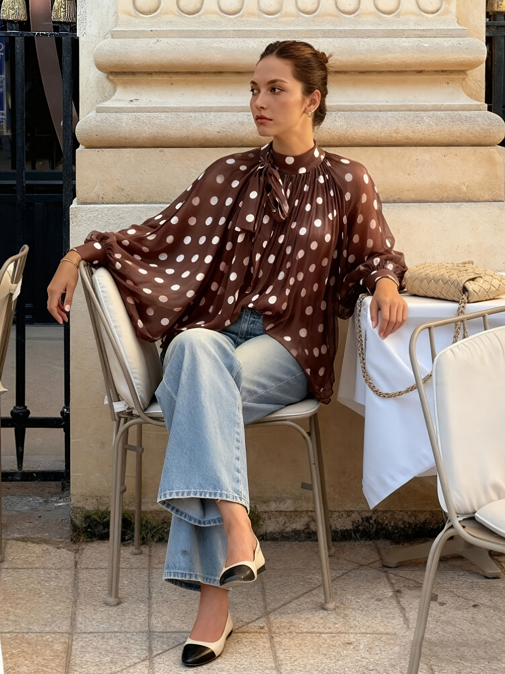 Fashionable Spring/Summer Elegant Casual Semi-Sheer Polka Dot Pattern Shirt Bow Tie Collar Lantern Sleeve Loose Fit Women'S Shirt - Dark Brown