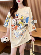 Summer New Fashion Trend Large Size Women'S Slim Loose Medium Long Cartoon Short-Sleeved T-Shirt - White
