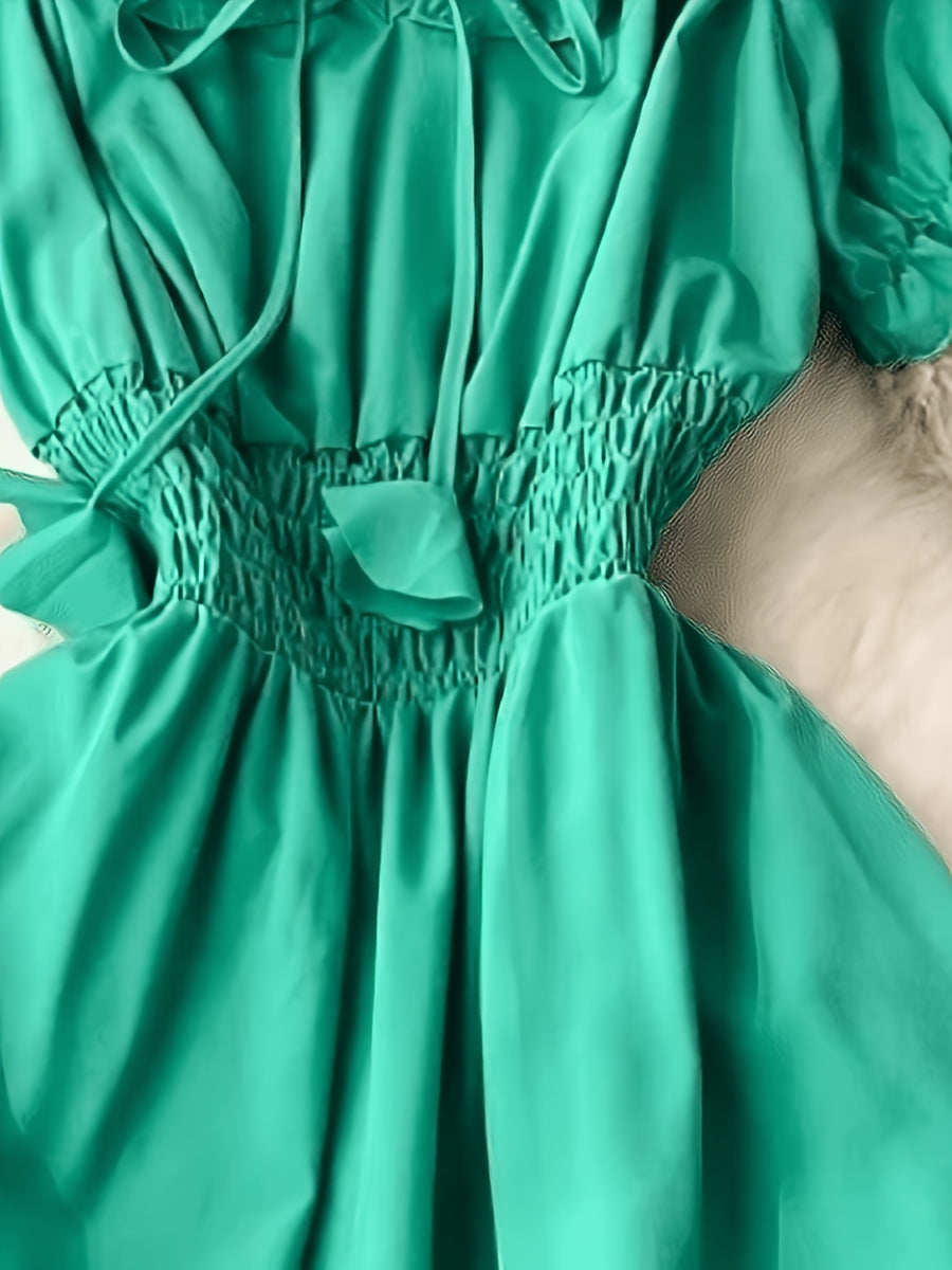 Spring/Summer French-Style Dress for Women, Solid Color, Elegant and Gentle Style, Off-Shoulder Neckline, Short Sleeves, Red Spliced Maxi Skirt, Puff Sleeves, Waist-Cinching Fairy Dress, Sweet Vacation Dress, Gavin - Emerald Green