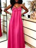 New Outing Party French Heavy Embroidery 3D Floral Sleeveless Cami Dress Loose Long Backless Vacation Light Dress - Rose Red