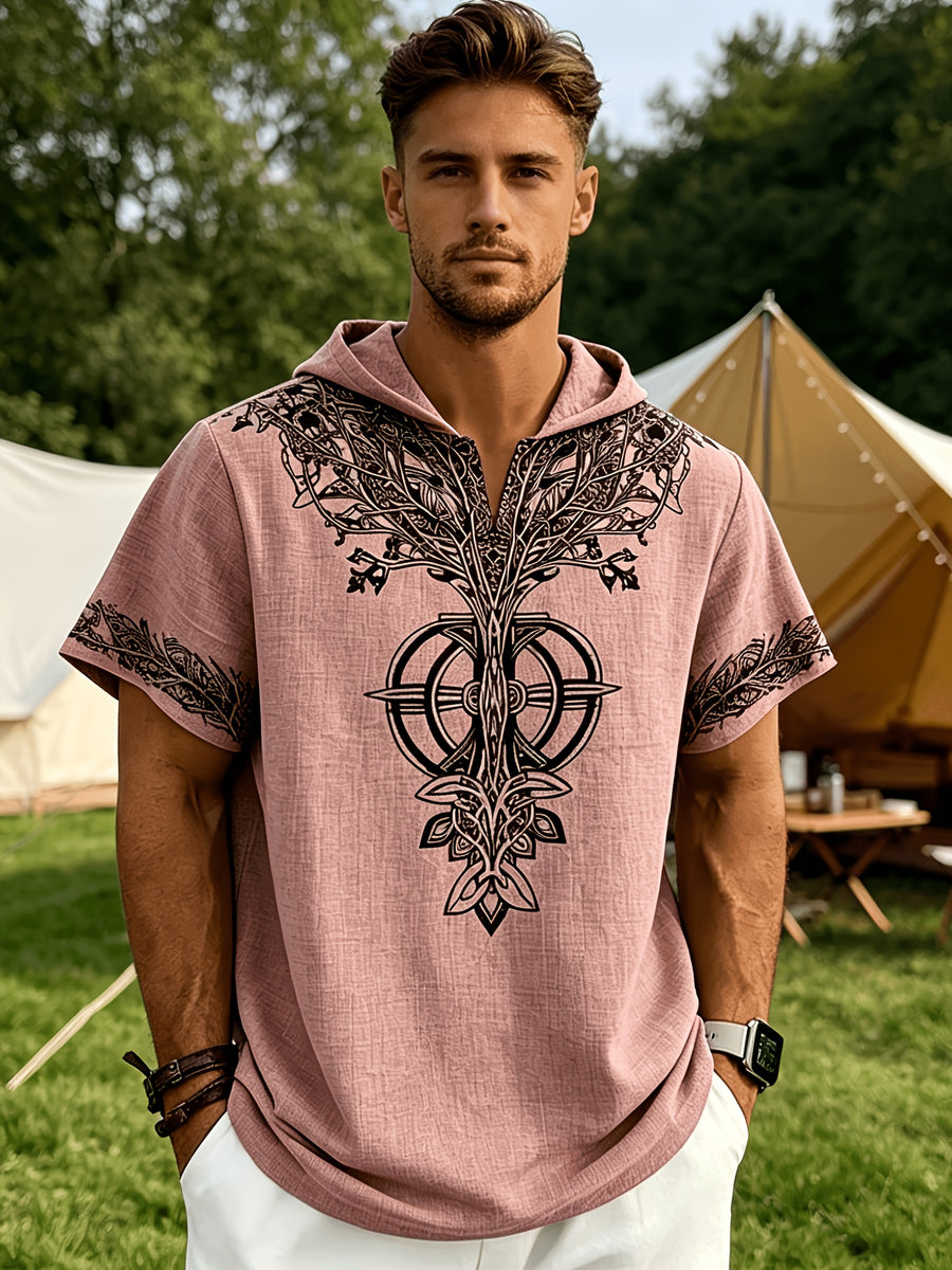 Men's Tree of Life Hooded T-Shirt - European & American Streetwear Style Short-Sleeve Top with Hood, Tree of Life Print, Machine Washable Regular Fit Casual Shirt Suitable for Casual Attire, Brand Label - pink