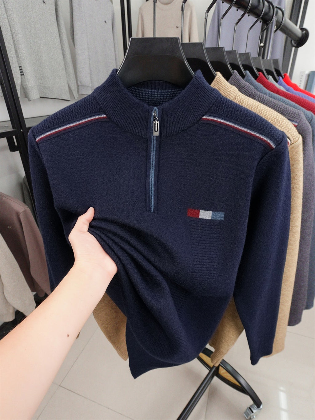 ZBZP Autumn Winter Knit 3D Solid Half-Zip Stand Collar Sweater, Basic Knit Pullover Top for Men, Fashionable Long Sleeve Sweater ZM - On Cyan