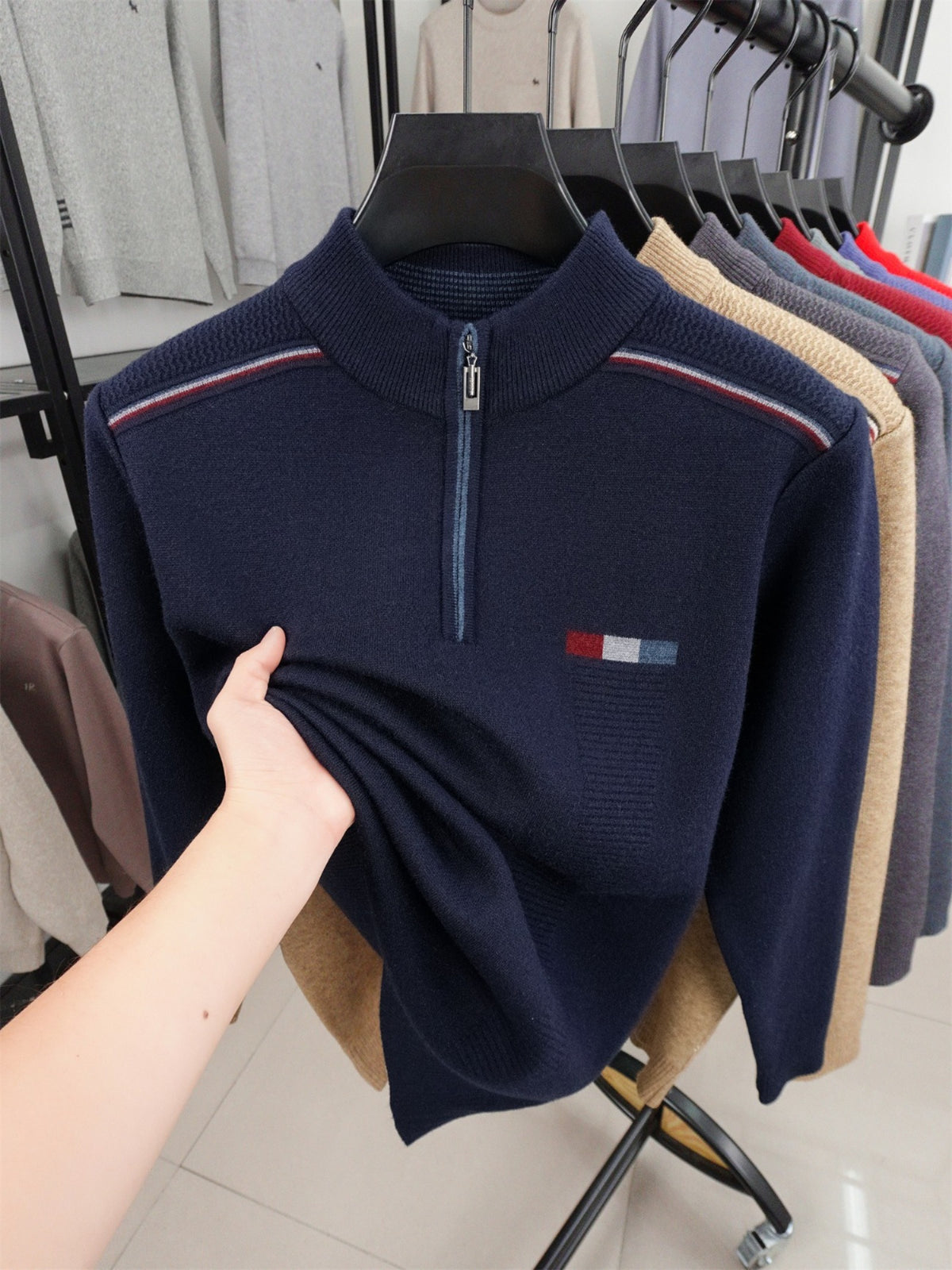 ZBZP Autumn Winter Knit 3D Solid Half-Zip Stand Collar Sweater, Basic Knit Pullover Top for Men, Fashionable Long Sleeve Sweater ZM - On Cyan