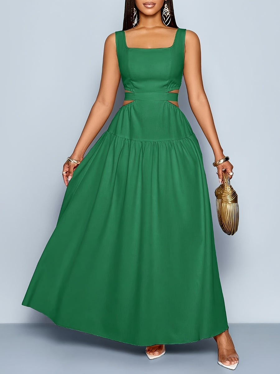 Women'S Elegant Square Neckline, Openwork Waist, Tie And Suspender Dress; Hawaiian Pleated Backless A-Line Skirt; Women'S Spring/Summer Dress; Elegant for Commuting, Casual Wear, Romantic Dates, Bridesmaid Dress - Green