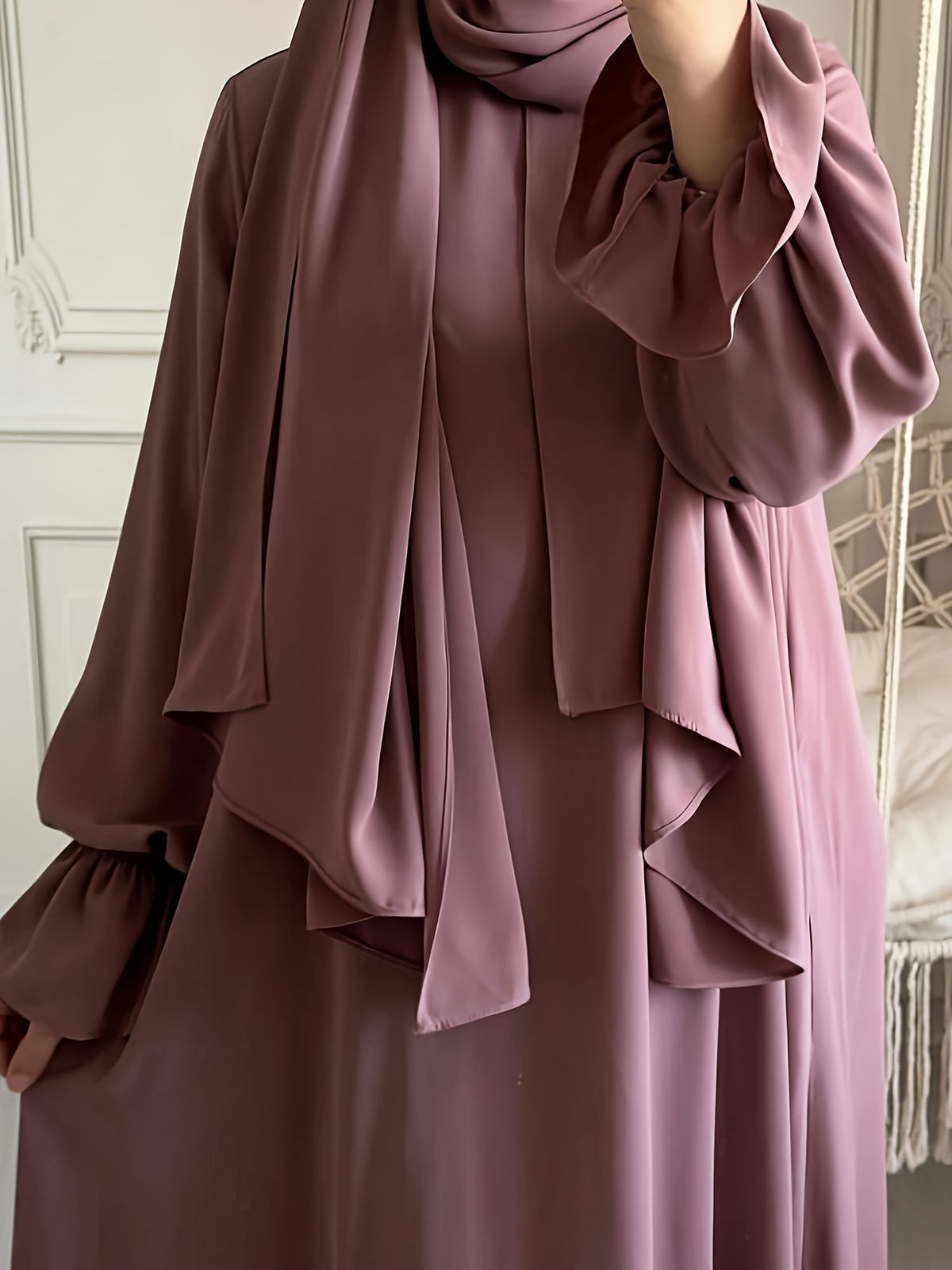 1pc Fashionable, Elegant And Casual One-Piece Solid-Colored Bellows Sleeve Suitable for Daily Wear. Loose And Comfortable Women'S Abaya Robe - Pale Pinkish Gray