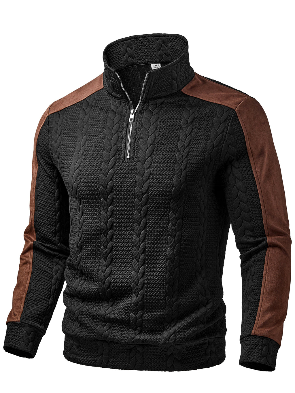 Men'S Vintage Preppy Cable-Knit Textured Half-Zip Collared Long Sleeve Pullover, Contrast Brown Shoulder And Sleeve Panels with Colorblock Hem, for Daily Commuting, Urban Casual Wear, Fall And - Black