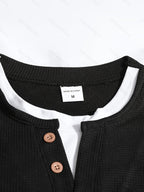 Spring/Autumn Men's Waffle Knit Henley Neck T-Shirt 2-in-1 Look Black and White Color Block Loose Long Sleeve Top - Black