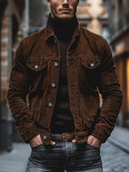 Men's Casual Long-Sleeve Shirt, Autumn/Winter Loose Fit Simple Solid Color Corduroy Layering Flannel Shirt, Vintage Style Top - Coffee Color