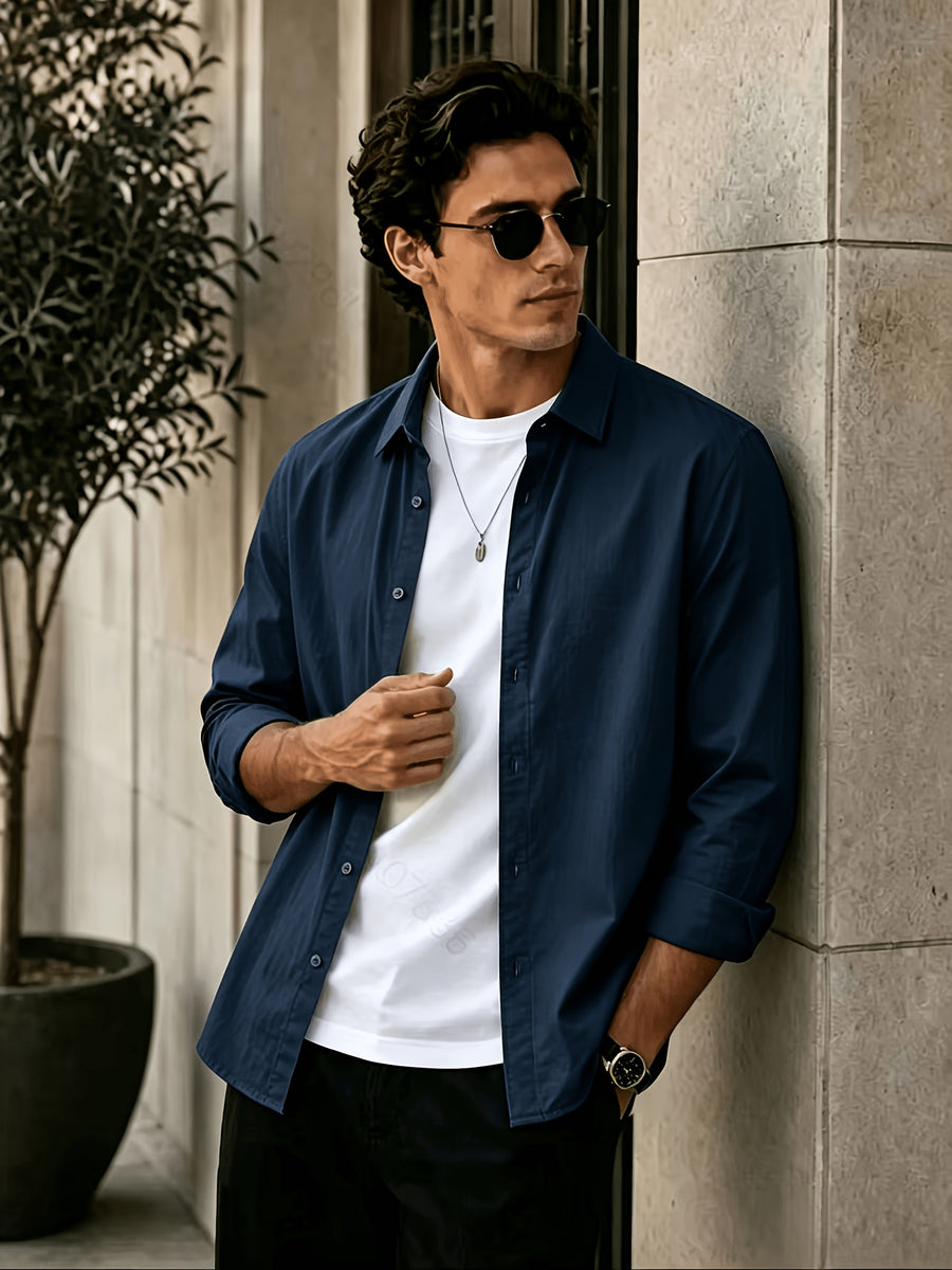 Men'S Long Sleeve Casual Shirt for Summer, Lightweight, Breathable And Comfortable. Slim-Fit And Versatile with Relaxed Cut, Ideal for Daily Commuting And Travel Outfits. (Shirt solely) - Navy Color