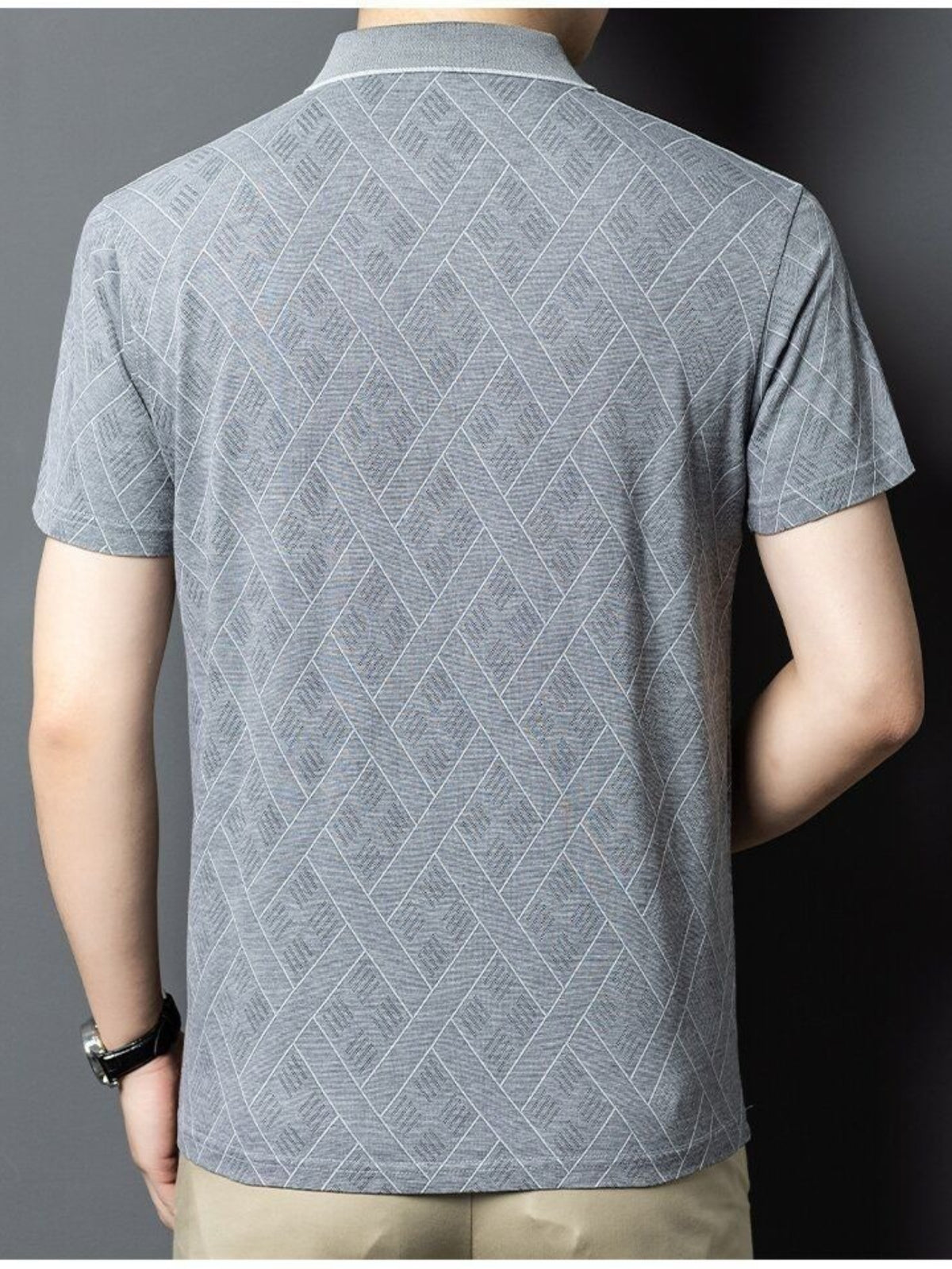 Men'S Washed Distressed Denim Style Polo Shirt, Blend Jacquard Breathable Short Sleeve Middle-Aged Dad Wear - Grey