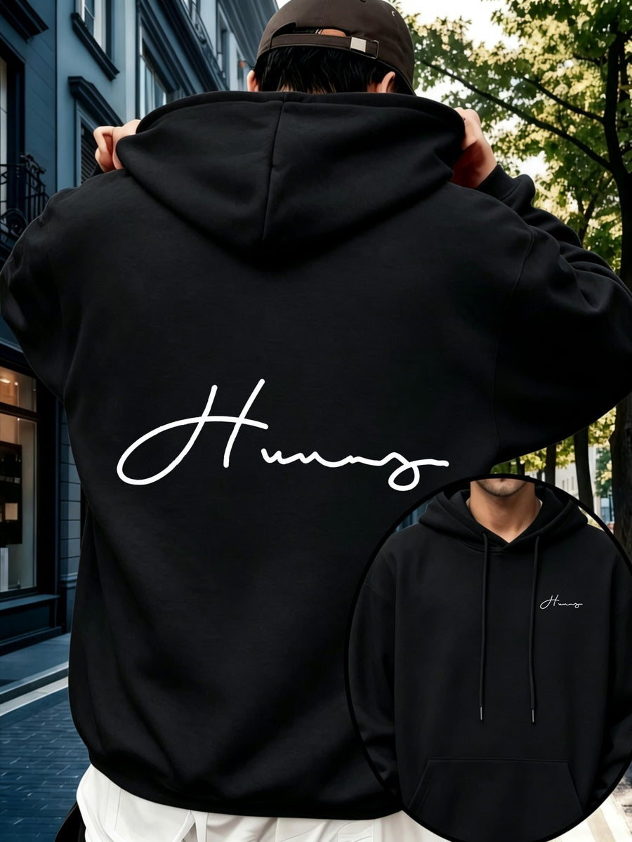 Men'S Hoodie, Casual Daily Wear, Signature Script Print, Pullover Sweatshirt, Streetwear Style, Autumn Winter Outdoor, Oversized Fit with Front Pocket - Black