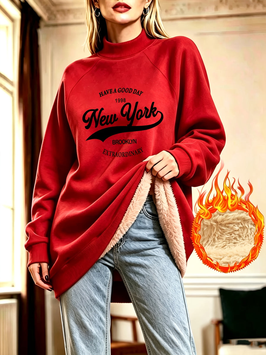 Retro New York English Letter Print Half-Neck Long Sweatshirt Women'S Fall Winter Fleece Thickened Loose Sweatshirt Dress - Red