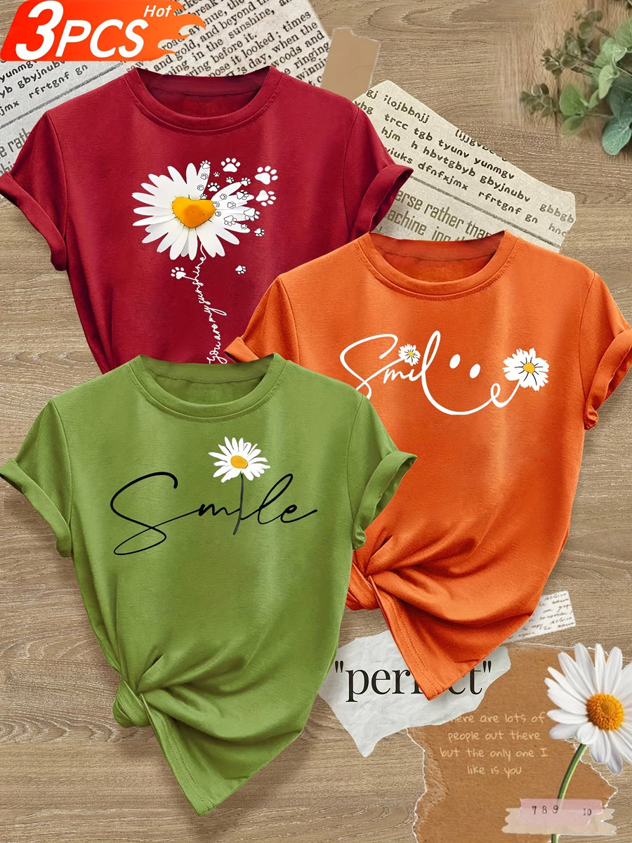 Smiling Letter Small Flower Series 3pcs Mixed Pack, Family Pack, Sisters Pack, Printed Fashion Vintage Style Women's Summer Casual Sporty Style Round Neck Short Sleeve T-Shirt, Multiple Colors Available, Sizes S-XXL - Red, orange, army green
