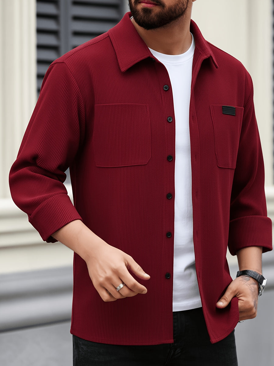 Spring And Autumn Men'S Corduroy Shirt (Jacket) Long Sleeve Lapel Double Pocket Regular Casual Retro Cool Top (Multi-Color) - Red