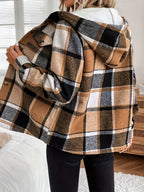 Women'S Casual Plaid Fleece Lined Hooded Regular Jacket, Napped Plaid Fleece-Lined Women'S Top, Hooded Shirt - Khaki