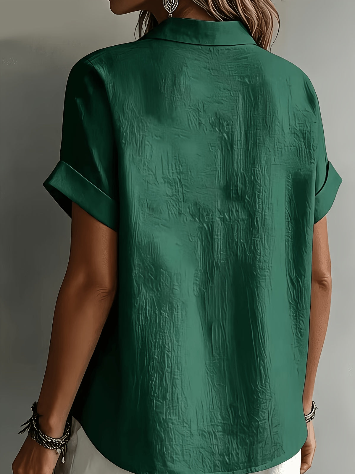 Women's Elegant Vacation-style Short-sleeve Top, Loose and Relaxed Shirt, Commuting Casual Literary Style, Figure-flattering, Daily Temperament Style, Loose and Draping, Breathable and Comfortable - Dark Green
