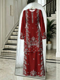 Muslim Women's 2pcs Set, Burgundy Base with Silvery-White Vintage Ethnic Pattern Print, for Prayer, Gatherings, Daily Outings, Covering and, Elegant and Dignified, Ethnic Print Clothing, Suitable for Prayer, Banquets, Outings, Commuting, and Home - Mixed colors