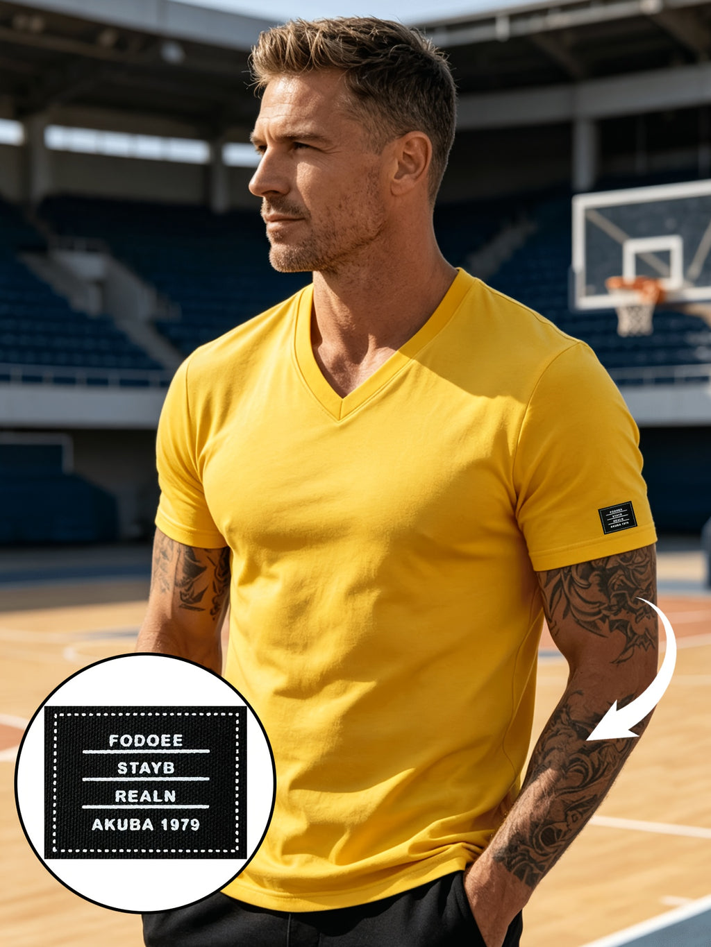 100% Cotton 2pcs Men's Basic V-Neck Pure Cotton Solid Color Short Sleeve T-Shirt, Soft and Skin-Friendly, Versatile Top for Fitness, Casual, and Daily Wear - Black+Yellow