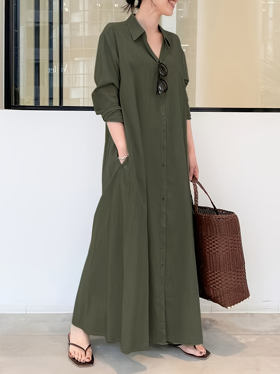 In Stock European And American New Solid Color Lapel Long Sleeve Pocket Easy Loose Casual Long Dress 1pc - Military Green
