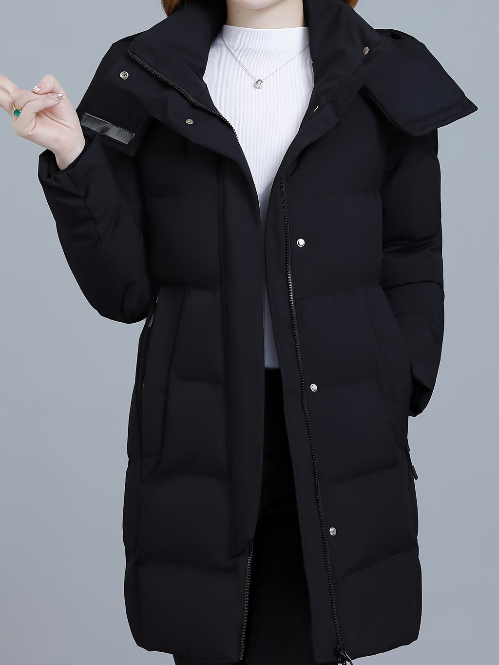 Women's Hooded Mid-Length Padded Coat with Black Contrast Lining, Zipper and Snap Button Double Front Placket, Plus Size Loose Fit, Checkered Overlock Stitching with Anti-Slip Padding, Drawstring Adjustable Hem, Zippered Side Pockets - Black