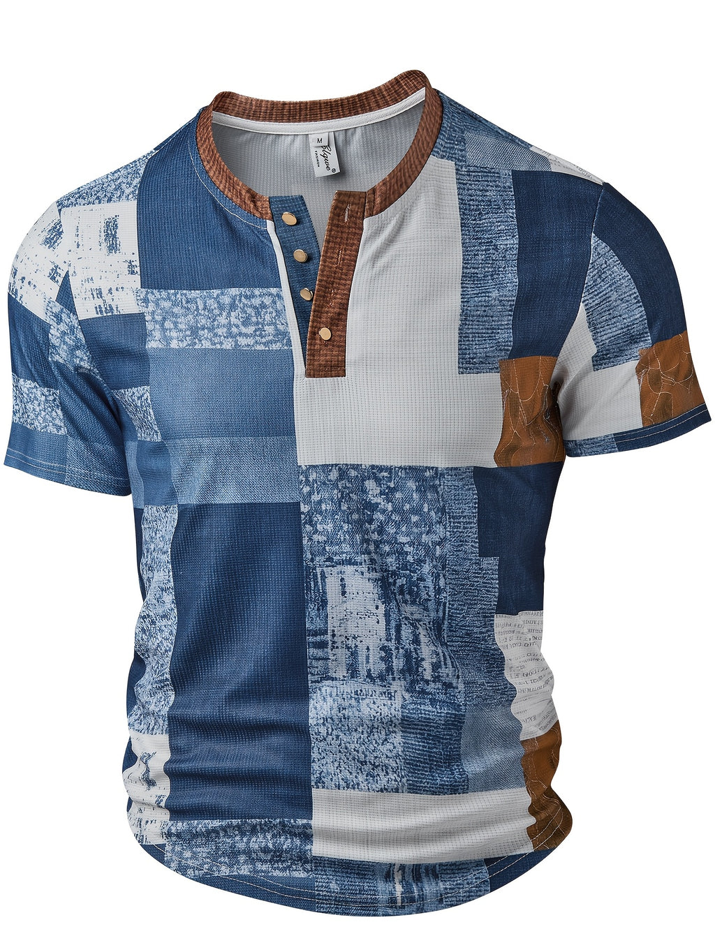 Men's Fashion Top, Spring/Summer Casual 3D Digital Waffle Print Crew Neck Single-Breasted Button Short Sleeve Henley Shirt - Blue