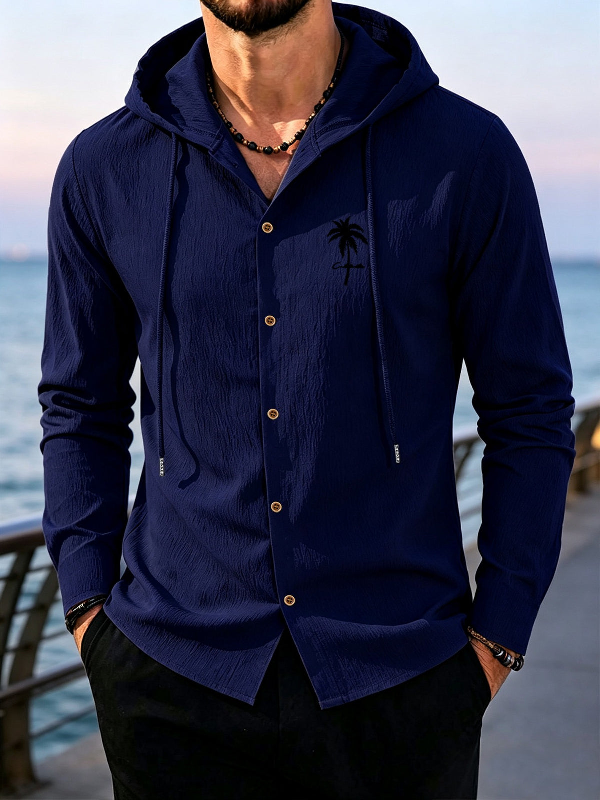 Men's Coconut Tree Print Hooded Long-Sleeve Shirt, Slightly Wrinkled Textured Casual Button-Up Cardigan, Summer Lightweight Breathable Vacation Top, Hawaiian Beach Jacket, Shirt Style + Hood with Drawstring, Suitable for Beach Trips, City Strolls - Navy Color