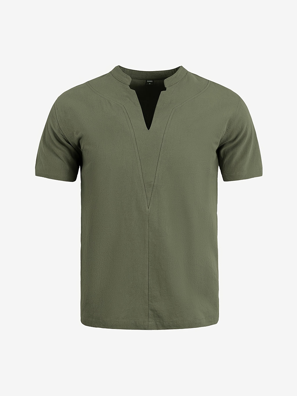 Men'S Minimalist Summer Casual Shirt, Linen Texture Short Sleeve Stand Collar V-Neck Pullover, Soft And Breathable, Loose Fit, Suitable for Business Casual, Vacation, Weekend Gatherings, And More - Army Green 1-Piece Set