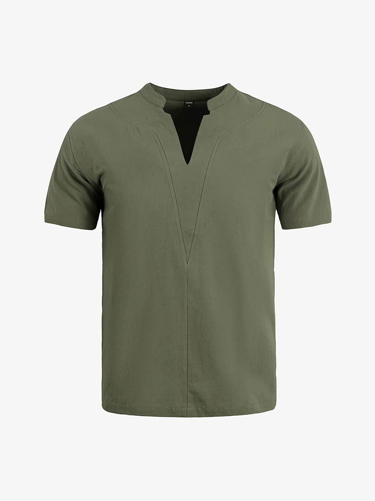 Men'S Minimalist Summer Casual Shirt, Linen Texture Short Sleeve Stand Collar V-Neck Pullover, Soft And Breathable, Loose Fit, Suitable for Business Casual, Vacation, Weekend Gatherings, And More - Army Green 1-Piece Set