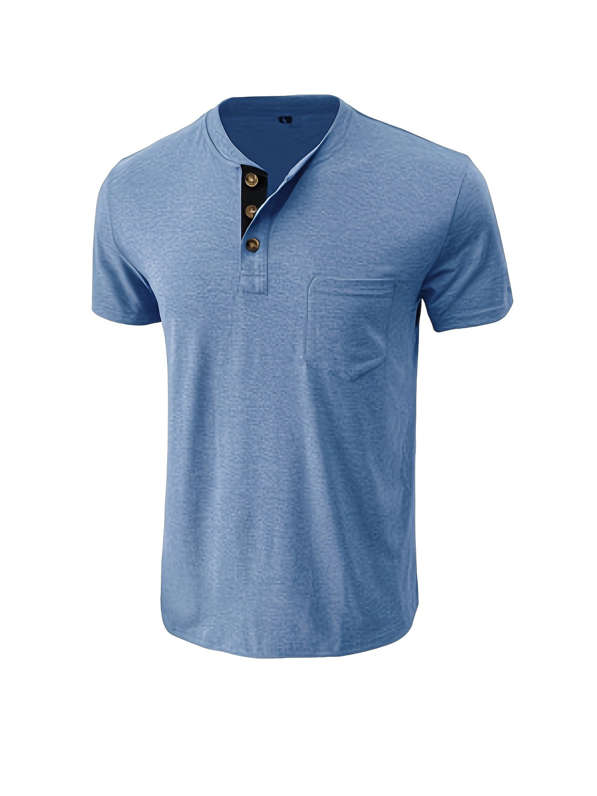 Men'S Summer Round Neck Short Sleeve T-Shirt Henley Shirt Pocket Top - Light Blue