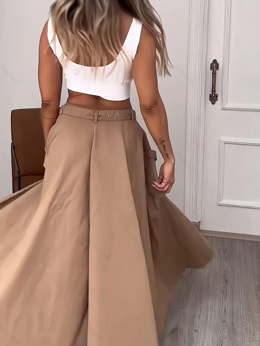 Street Style Women'S Loose Utility Dress, Elegant And Fashionable with a Front Zipper, Side Slit, And Belt - Khaki