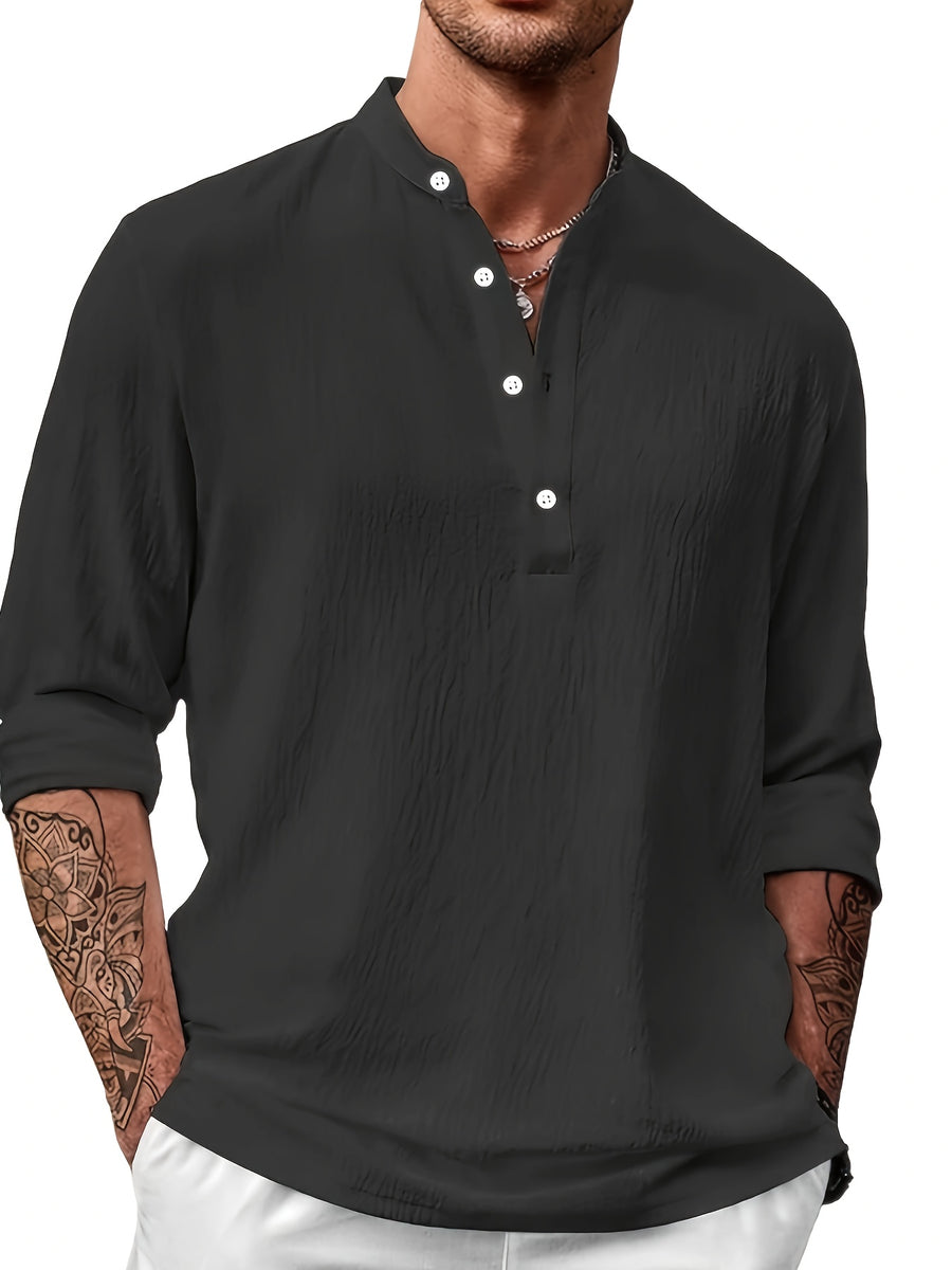 Men's Stand Collar Long Sleeve Henley Shirt, Textured Linen Casual Shirt, Versatile Loose Fit Top for Commuting - Black