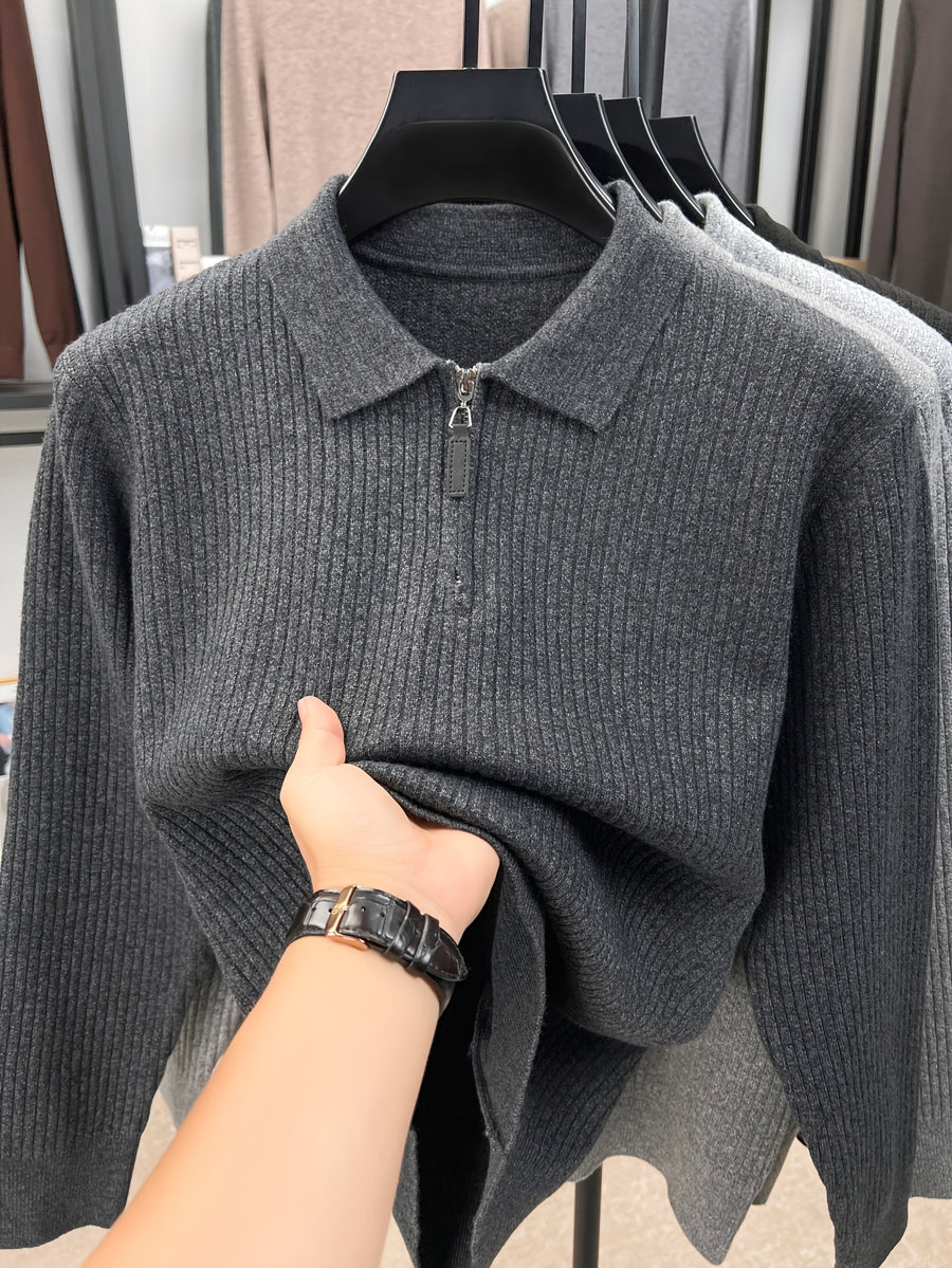 Xingfan Autumn/Winter Men's Ribbed Cable Knit Lapel Pullover Casual 4/1 Zipper Thickened Warm Long-Sleeve Sweater - Dark Gray