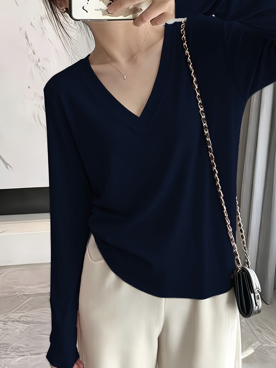 Loose Fit Drop Shoulder Sleeves Relaxed Style Women's Long Sleeve T-Shirt Polyester Women's Autumn Top Thin V-Neck Pullover Solid Color Basic Style Women's Casual Base Layer Spring/Autumn Women's Clothing Machine Washable, Not Dry Cleanable Autumn - Deep Blue