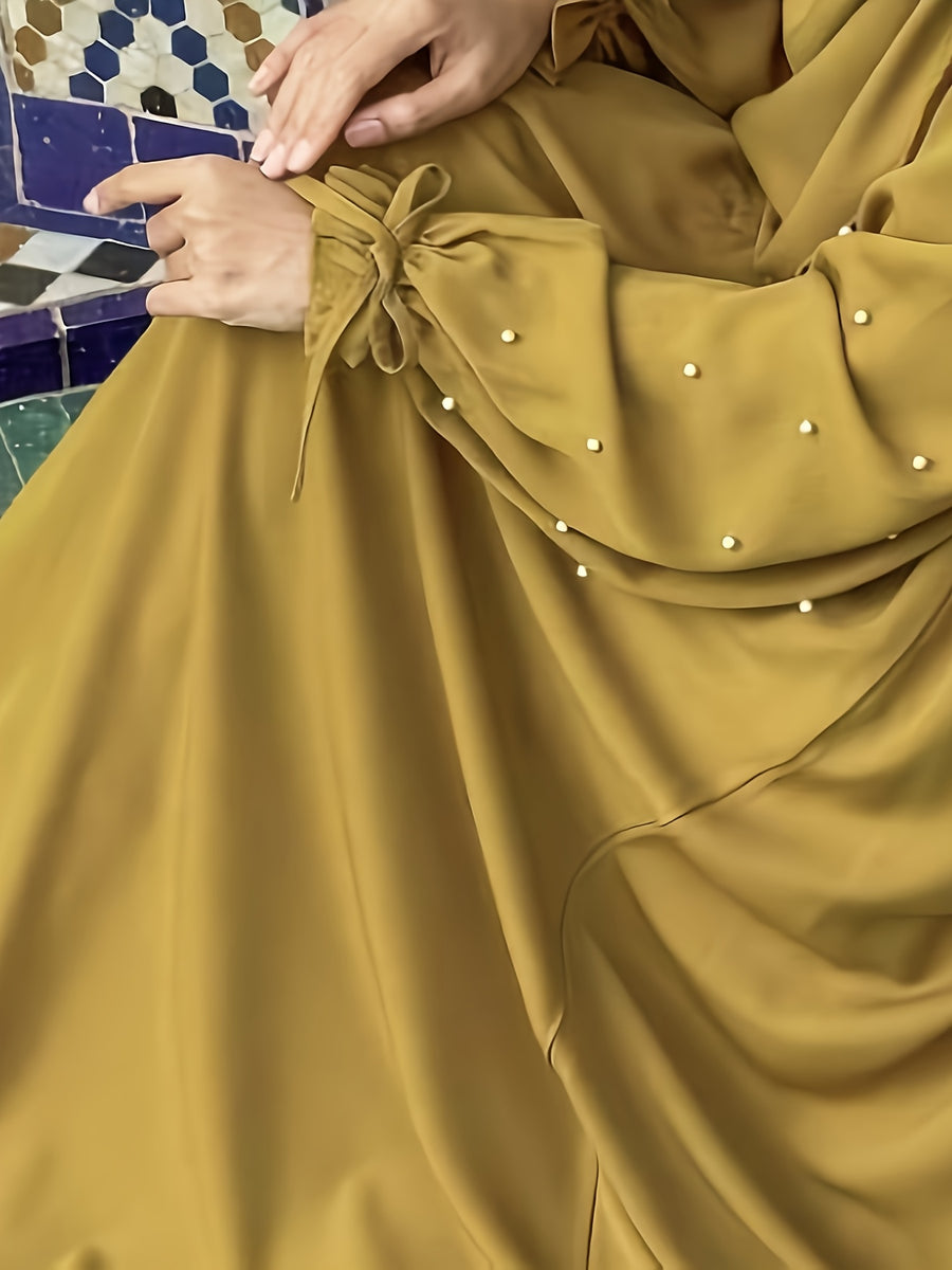 Middle Eastern Solid Color Women'S Robe with Pearl Sleeves Dress And Long Scarf 2pcs Set, Ideal for Women'S Daily Wear, Travel, And Ramadan - Yellowish-brown
