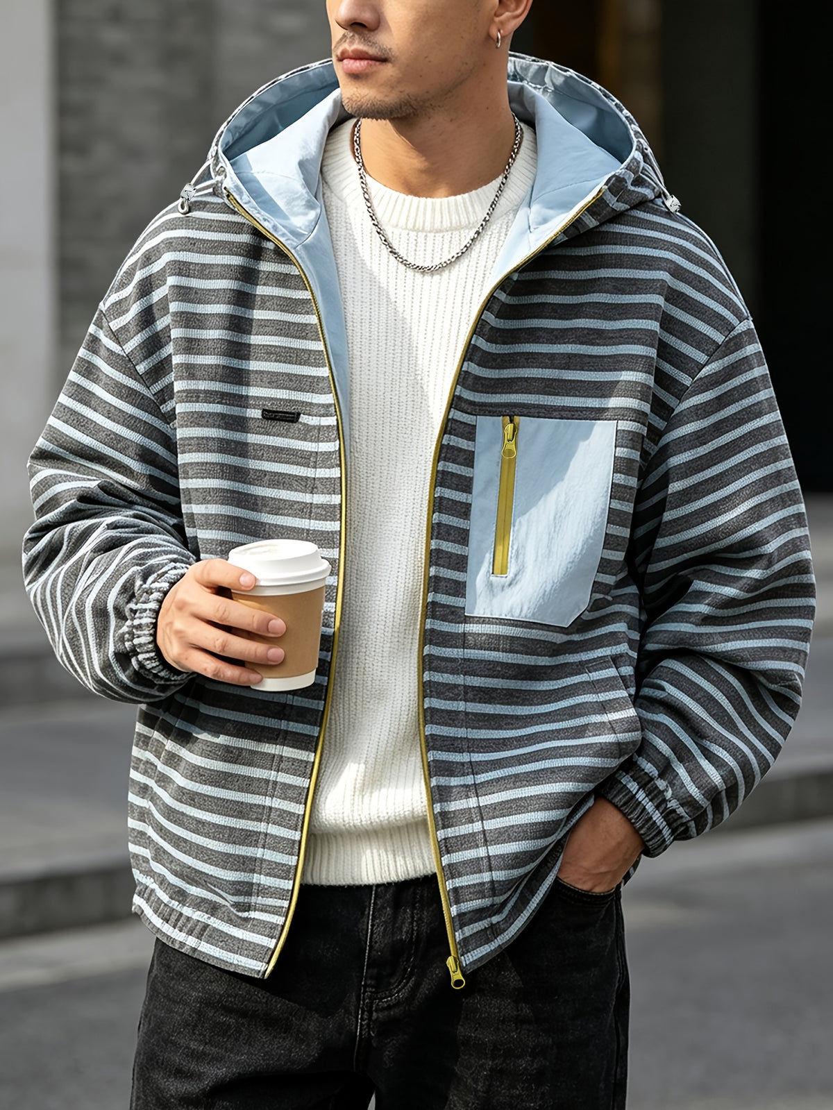 Vintage Striped Autumn Men's Hooded Jacket Heavyweight Ribbed Texture Baseball Jacket Top - Blue