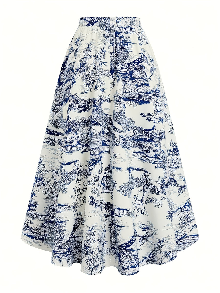Women's A-Line Printed Skirt, Fashionable and Elegant for Vacation, Work, Parties, and Everyday Life - Blue