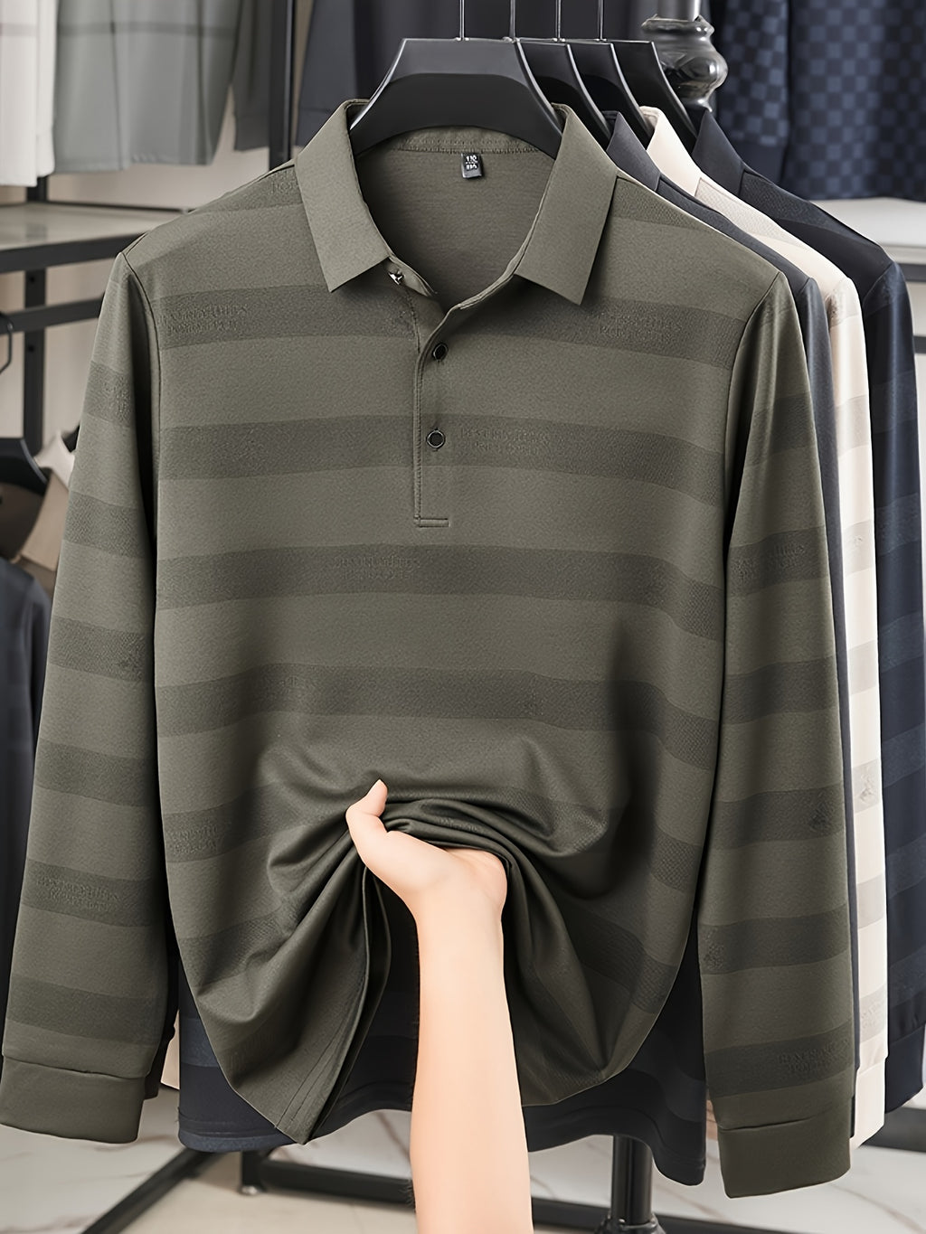 Multi-Color Striped Polo Shirt for Men, Micro-Velvet Long Sleeve Polo, Button-Up Collar 3-Button Pullover Top, Smooth Soft Skin-Friendly Fabric, Business Commute Travel Top, Fishing Home Daily Loose Casual Men'S Clothing - New Brown