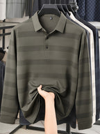 Multi-Color Striped Polo Shirt for Men, Micro-Velvet Long Sleeve Polo, Button-Up Collar 3-Button Pullover Top, Smooth Soft Skin-Friendly Fabric, Business Commute Travel Top, Fishing Home Daily Loose Casual Men'S Clothing - New Brown