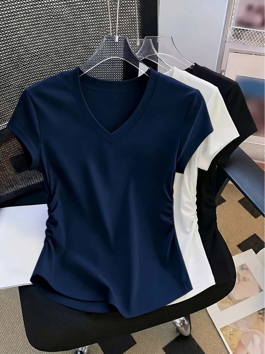 Women'S 3pcs American Retro Casual V-Neck Short Sleeve T-Shirt Spring Summer Slim Short Sleeve Waist Ruched T-Shirt - Mixed Color 1