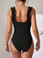 Solid Color Pleated Thin Strap Bodysuit - Black