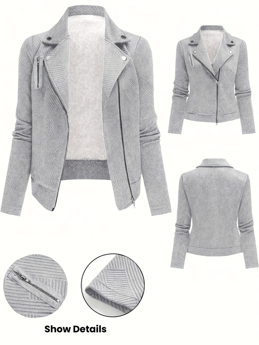 Women's New Solid Color Maze Grid Zipper Button Decorated Biker Jacket, a Stylish and Elegant Commuting, Outing, and Daily Wear Casual Jacket Top, Suitable for Autumn and Winter Seasons - Grey