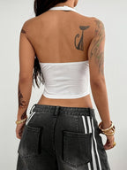 Women's White Mesh Halter Neck Camisole Tank Top, Backless Crop Top with Red Number Print, Sweet and Cool Casual Style, Breathable and Comfortable Fabric, Versatile for Daily Commuting, Stylish Outerwear Top Suitable for Casual Casual Attire - White Red