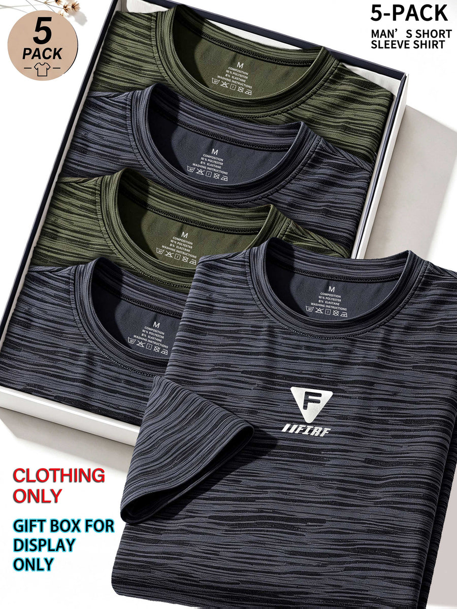 5pcs Men's Sports & Fitness Breathable Quick-Dry T-Shirts, Outdoor Travel Casual Running Printed Short-Sleeve Tees, Easy to Clean and Maintain, Lightweight T-Shirts for Daily Leisure and Gatherings, Classic Crew Neck Shirts - Dark Gray + Army Green + Dark Gray + Army Green + Dark Gray