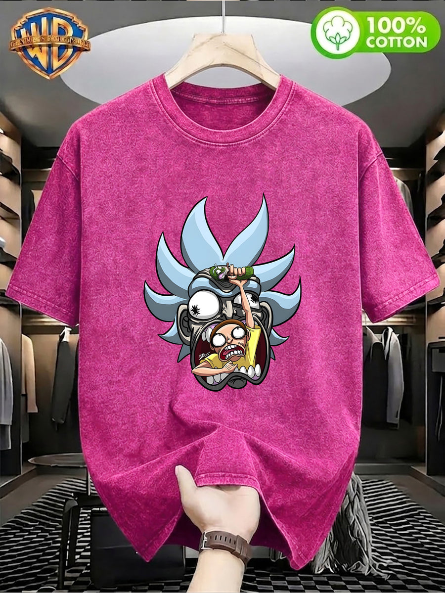 Warner Bros Official Halloween Gift Choice - Men's Washed Distressed 100% Pure Short Sleeve T-Shirt, Featuring a Creative Fusion of Classic Animated Characters with Printed Patterns for a Unique Visual Impact. Suitable for Daily Casual - Rose Red