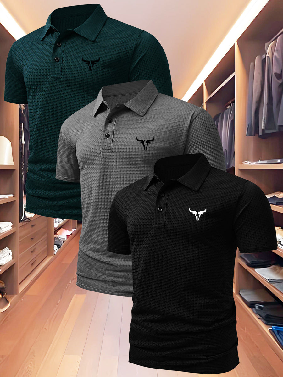 3pcs Value Pc, Summer Short-sleeve Polo Shirt! New Jacquard Fabric, Quick-drying, Lightweight and Breathable, Easy to Wash and Dry Quickly. Men's Color-blocked Cool and Comfortable Polo Shirt with Lapel, for Sports and Casual Wear. Men's Short-sleeve - Green Gray Black