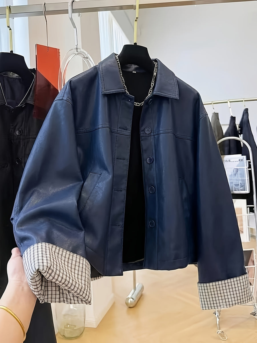 Contrast Sleeve Statement Jacket. Motorcycle Riding Windproof Outerwear - Navy Color
