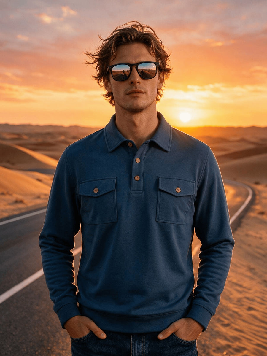 2026 New Men'S Long Sleeve Cargo Polo Sweatshirt, Double Pocket Lapel Design, Autumn Casual Commuter Pullover Top, Christmas Thanksgiving Gift for Boyfriend Husband - Dark Blue 1