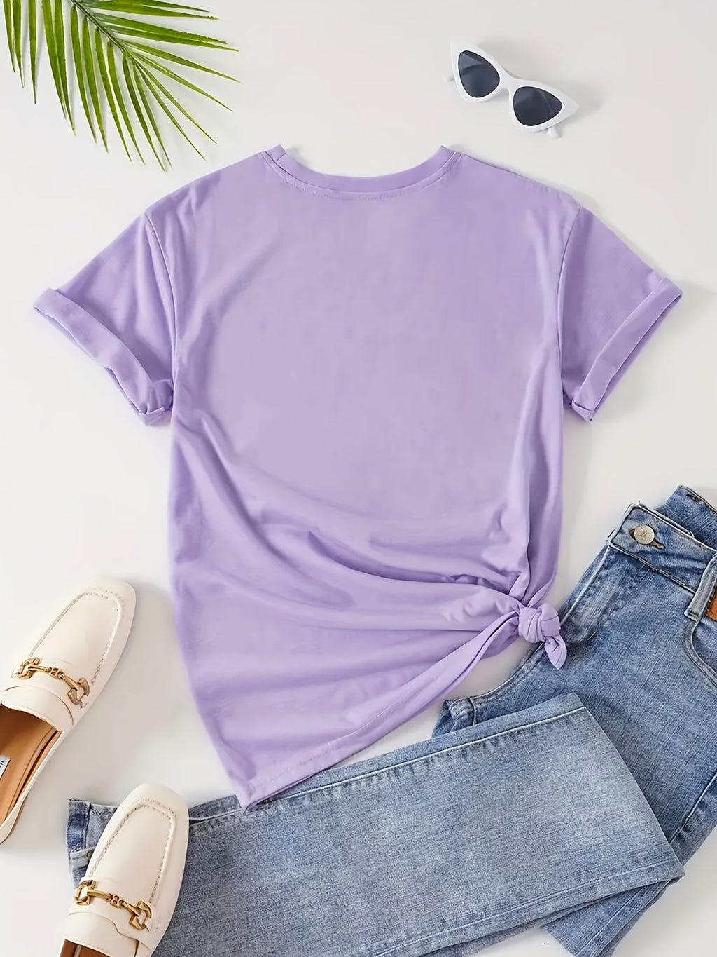 2025 Spring/Summer New Women's Short-Sleeve Top, Simple and Stylish Love Ring Pattern Print, Versatile Daily Wear Round Neck T-Shirt, Circle Pattern - Light Purple