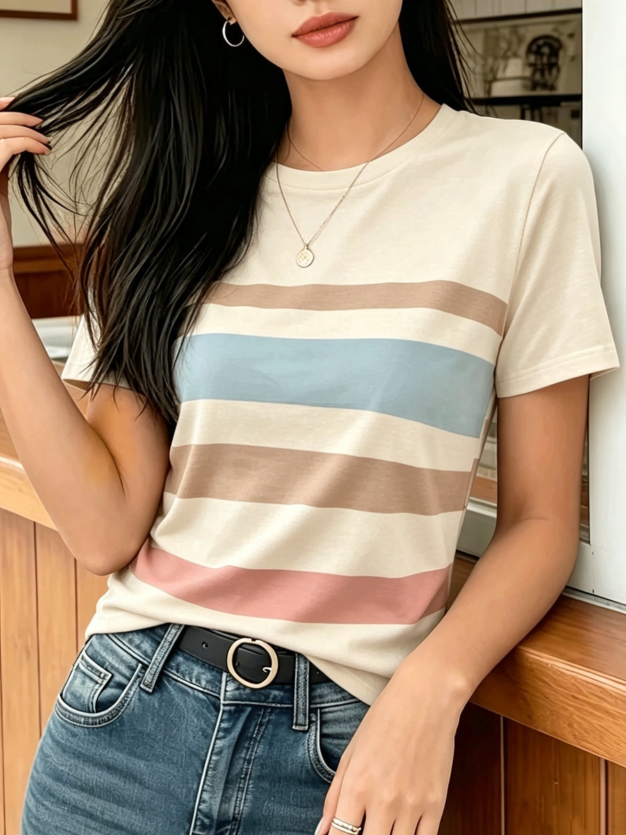 [Printed Design Texture] Women'S Korean-Style Blogger'S Colorful Striped T-Shirt, a Versatile Basic Short-Sleeve Top That Flatters The Figure And Is Suitable for All Body Types, a New Summer 2026 Model for Commuting And Casual Wear - Mix color 5