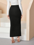 Elegant Button-Front -Line Skirt - Slim-Fit Split Hem with Slit, Beltless Suitable for Spring Summer Fall, Casual to Dressy Occasions - Black